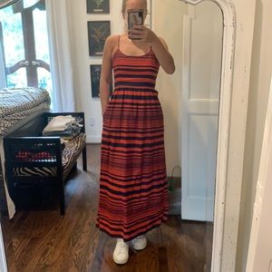 red/orange and blue striped midi dress